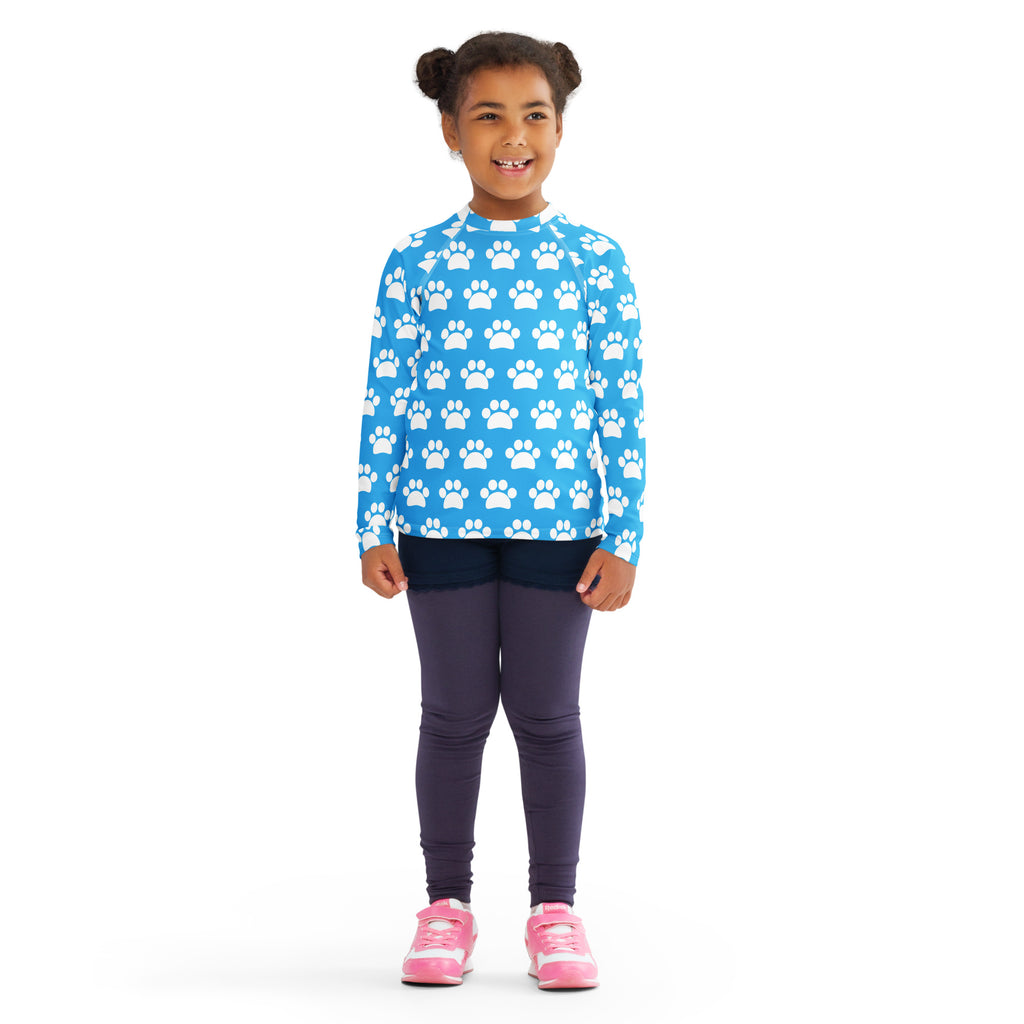 Kids Sky Blue Paw Print Long Sleeve Rash Guard Swim Shirt – Buttery Soft, Sun Safe UPF 50+ Protection, Quick Dry & 4-Way Stretch Comfort