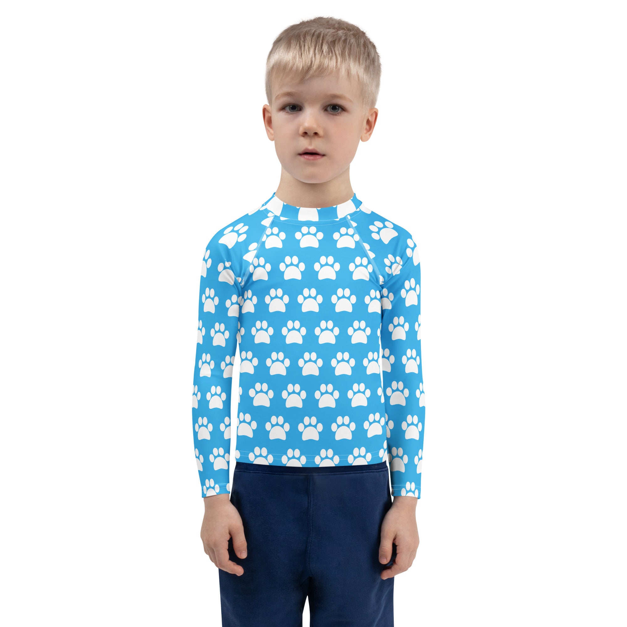 Kids Sky Blue Paw Print Long Sleeve Rash Guard Swim Shirt – Buttery Soft, Sun Safe UPF 50+ Protection, Quick Dry & 4-Way Stretch Comfort