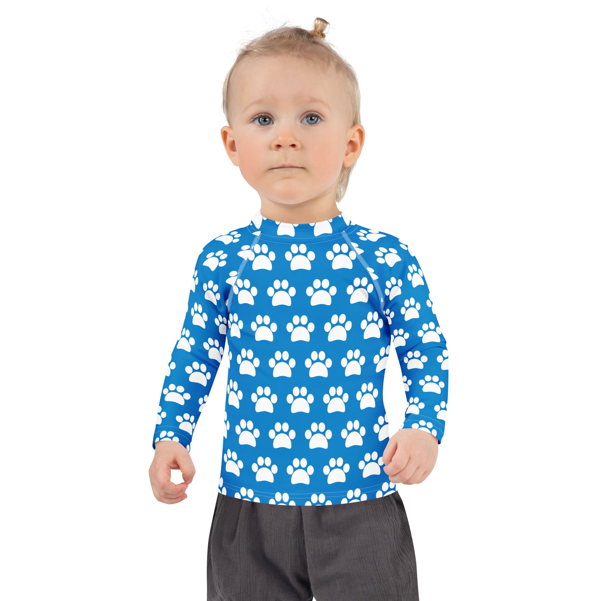 Kids Royal Blue Paw Print Long Sleeve Rash Guard Swim Shirt – Buttery Soft, Sun Safe UPF 50+ Protection, Quick Dry & 4-Way Stretch Comfort