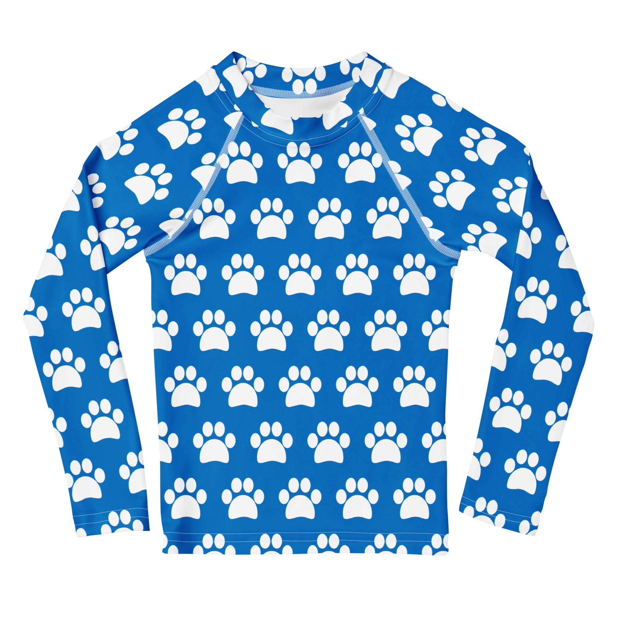 Kids Royal Blue Paw Print Long Sleeve Rash Guard Swim Shirt – Buttery Soft, Sun Safe UPF 50+ Protection, Quick Dry & 4-Way Stretch Comfort