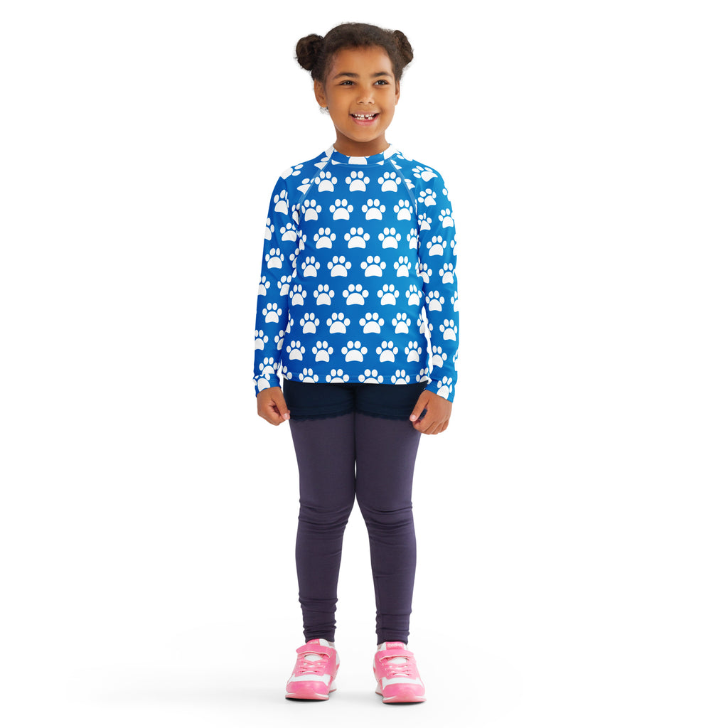 Kids Royal Blue Paw Print Long Sleeve Rash Guard Swim Shirt – Buttery Soft, Sun Safe UPF 50+ Protection, Quick Dry & 4-Way Stretch Comfort