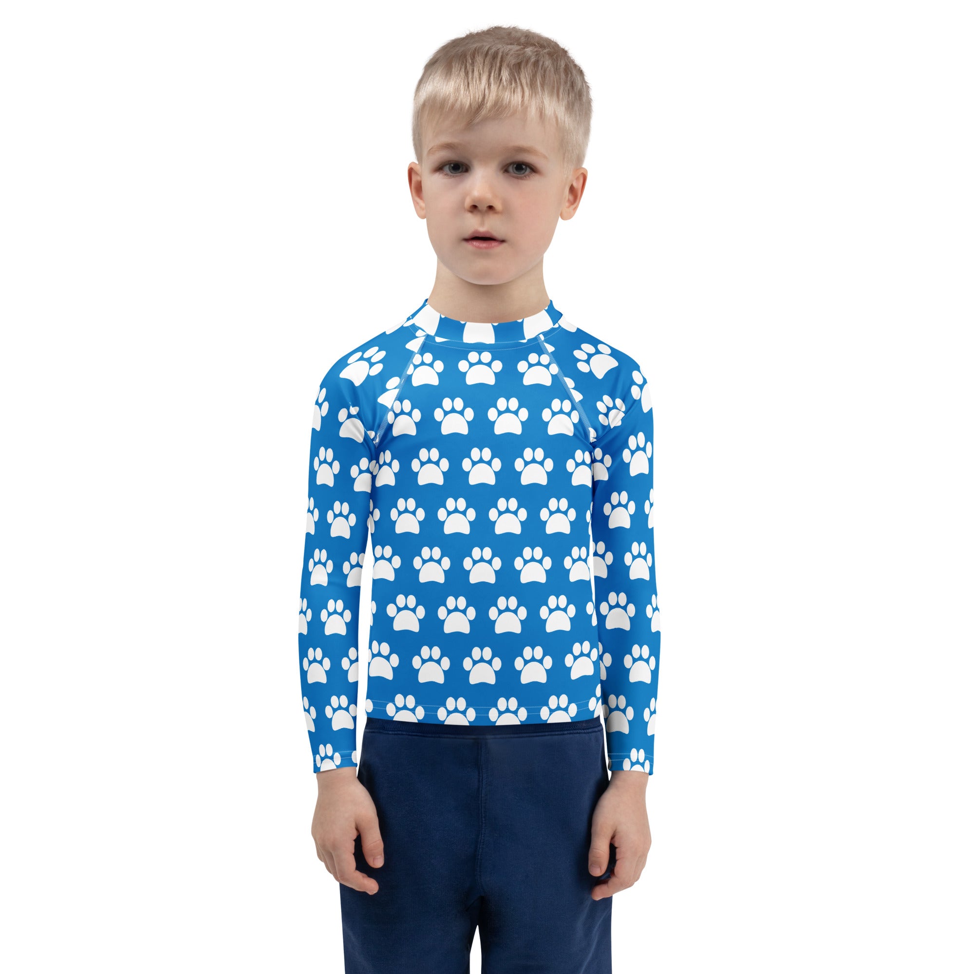 Kids Royal Blue Paw Print Long Sleeve Rash Guard Swim Shirt – Buttery Soft, Sun Safe UPF 50+ Protection, Quick Dry & 4-Way Stretch Comfort