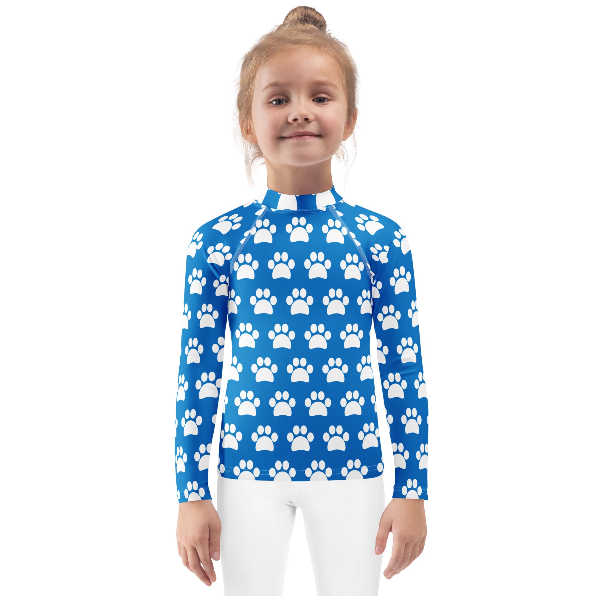 Kids Royal Blue Paw Print Long Sleeve Rash Guard Swim Shirt – Buttery Soft, Sun Safe UPF 50+ Protection, Quick Dry & 4-Way Stretch Comfort