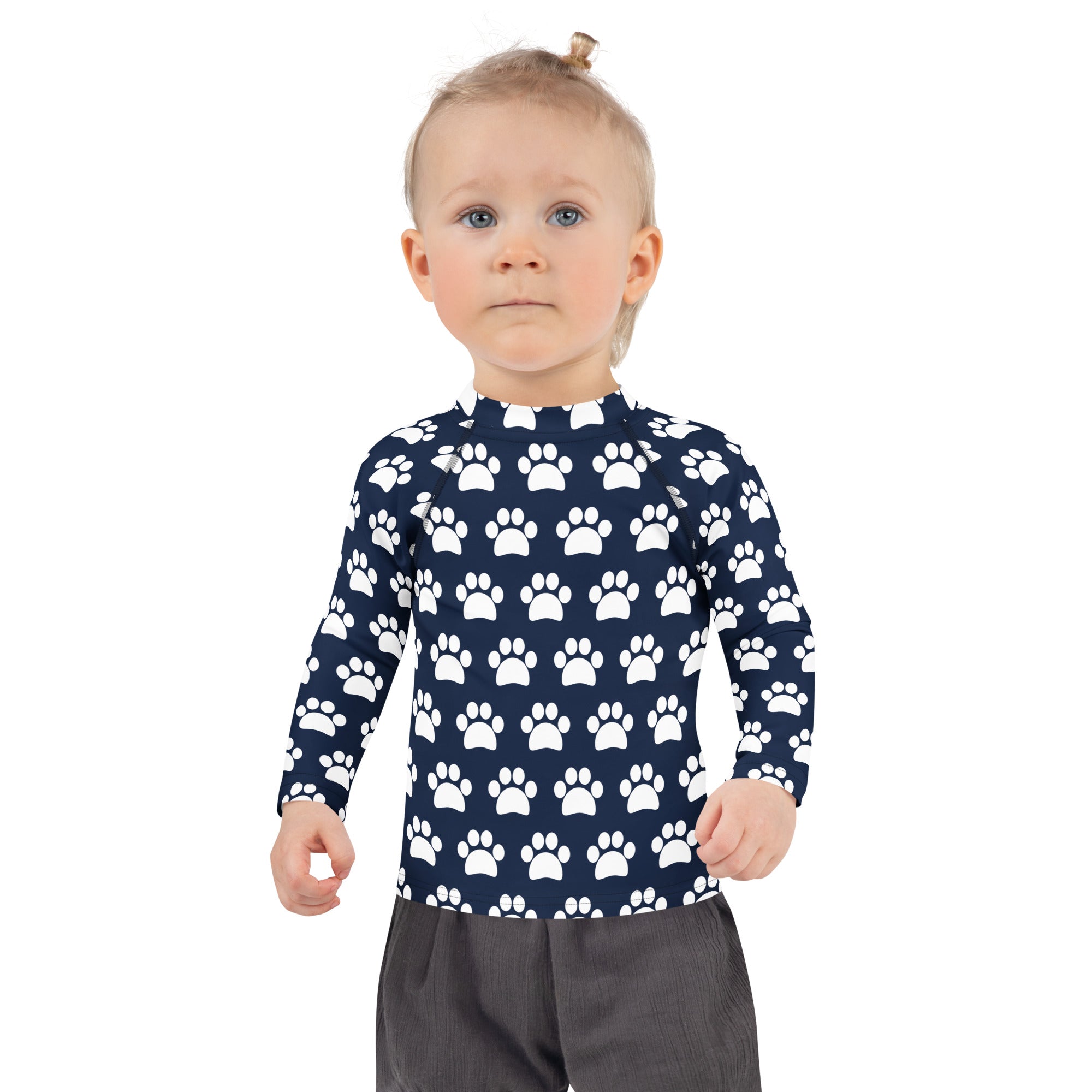 Kids Navy Blue Paw Print Long Sleeve Rash Guard Swim Shirt – Buttery Soft, Sun Safe UPF 50+ Protection, Quick Dry & 4-Way Stretch Comfort