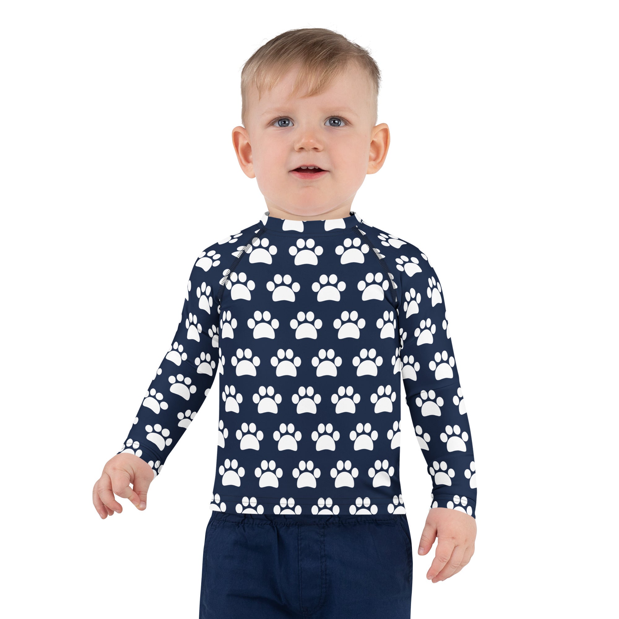 Kids Navy Blue Paw Print Long Sleeve Rash Guard Swim Shirt – Buttery Soft, Sun Safe UPF 50+ Protection, Quick Dry & 4-Way Stretch Comfort