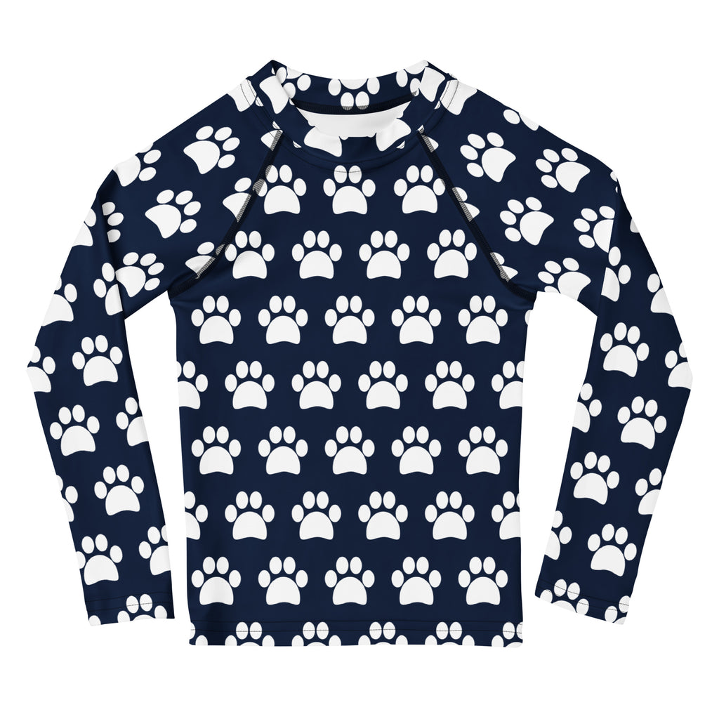 Kids Navy Blue Paw Print Long Sleeve Rash Guard Swim Shirt – Buttery Soft, Sun Safe UPF 50+ Protection, Quick Dry & 4-Way Stretch Comfort
