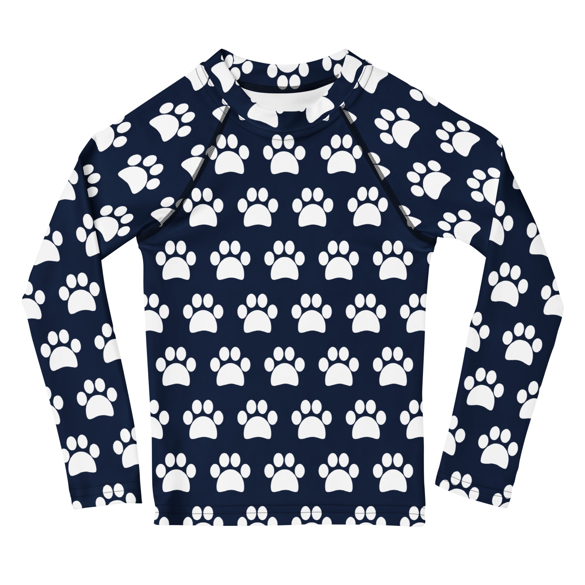 Kids Navy Blue Paw Print Long Sleeve Rash Guard Swim Shirt – Buttery Soft, Sun Safe UPF 50+ Protection, Quick Dry & 4-Way Stretch Comfort
