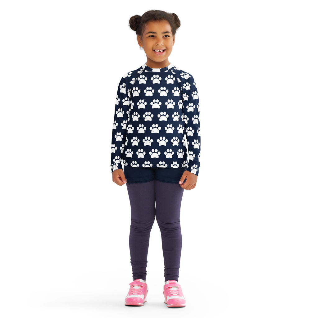 Kids Navy Blue Paw Print Long Sleeve Rash Guard Swim Shirt – Buttery Soft, Sun Safe UPF 50+ Protection, Quick Dry & 4-Way Stretch Comfort