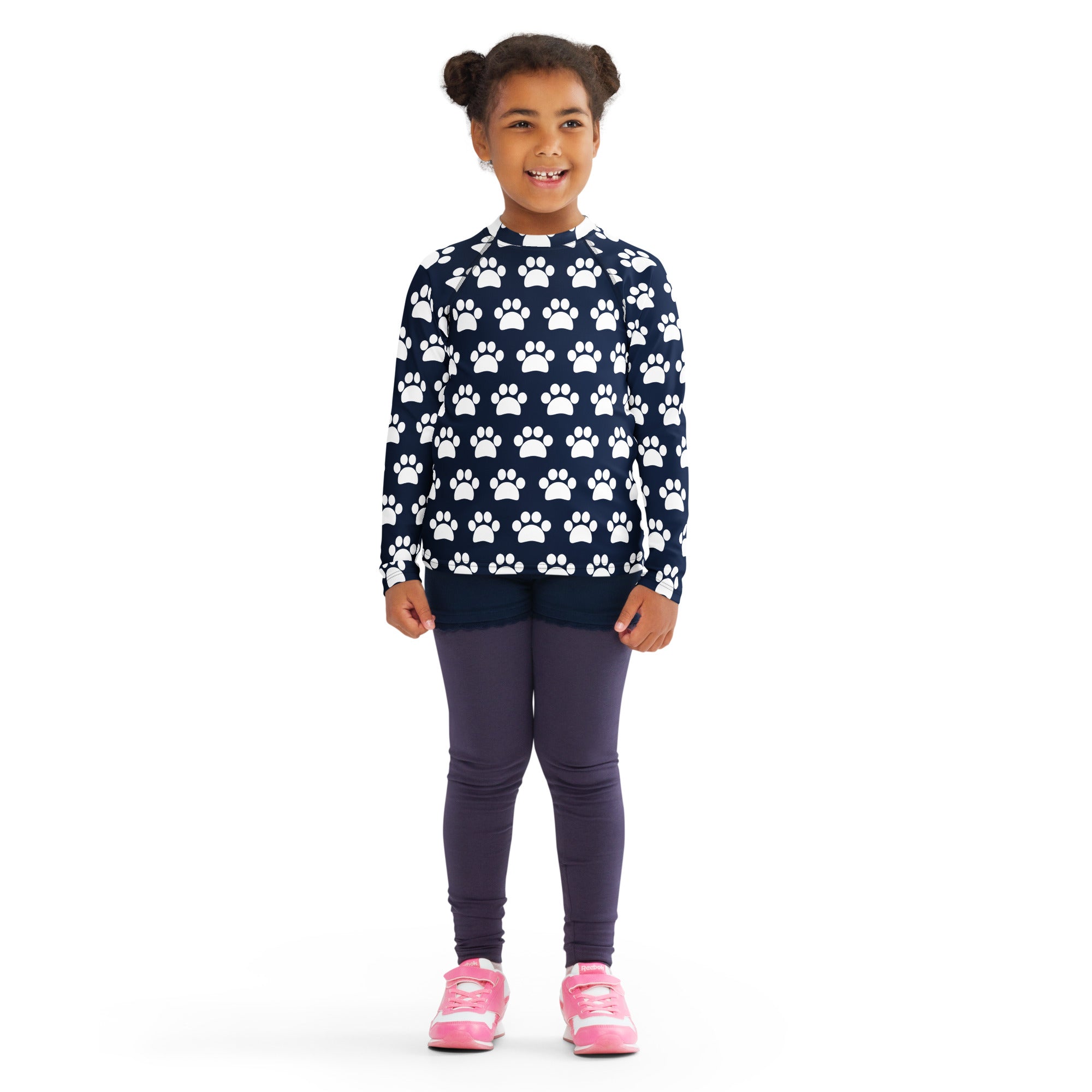 Kids Navy Blue Paw Print Long Sleeve Rash Guard Swim Shirt – Buttery Soft, Sun Safe UPF 50+ Protection, Quick Dry & 4-Way Stretch Comfort