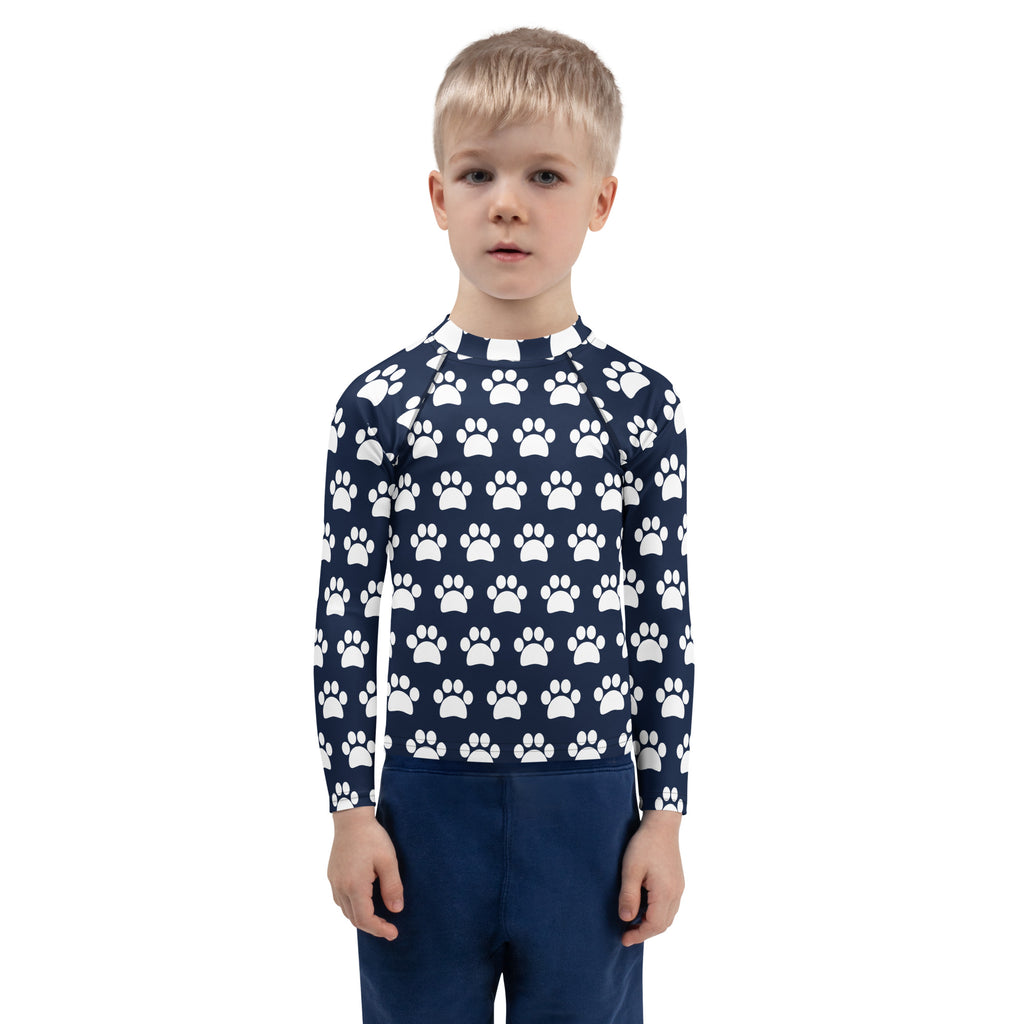 Kids Navy Blue Paw Print Long Sleeve Rash Guard Swim Shirt – Buttery Soft, Sun Safe UPF 50+ Protection, Quick Dry & 4-Way Stretch Comfort