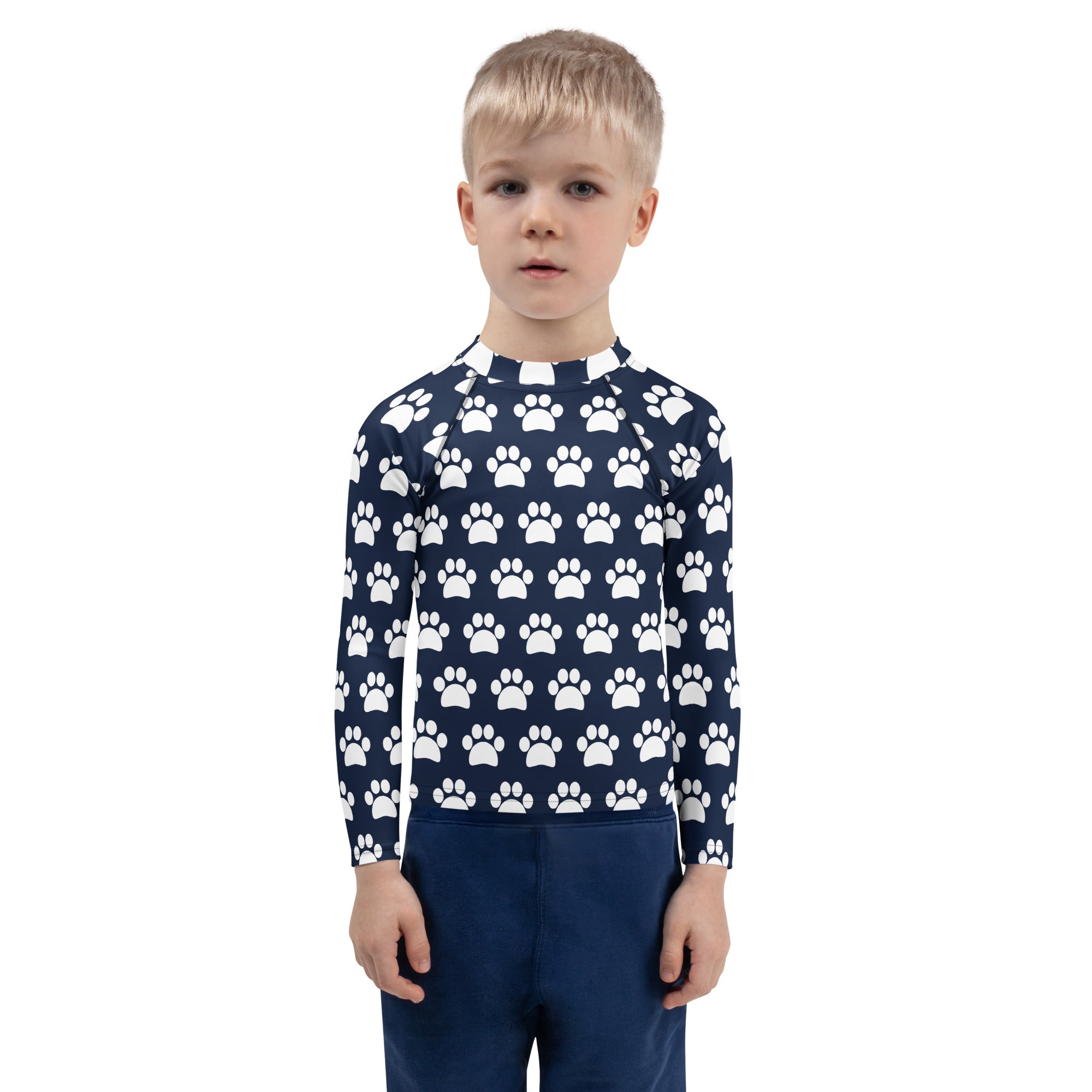 Kids Navy Blue Paw Print Long Sleeve Rash Guard Swim Shirt – Buttery Soft, Sun Safe UPF 50+ Protection, Quick Dry & 4-Way Stretch Comfort