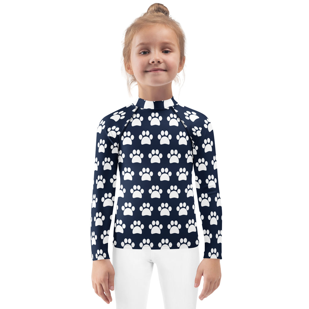 Kids Navy Blue Paw Print Long Sleeve Rash Guard Swim Shirt – Buttery Soft, Sun Safe UPF 50+ Protection, Quick Dry & 4-Way Stretch Comfort