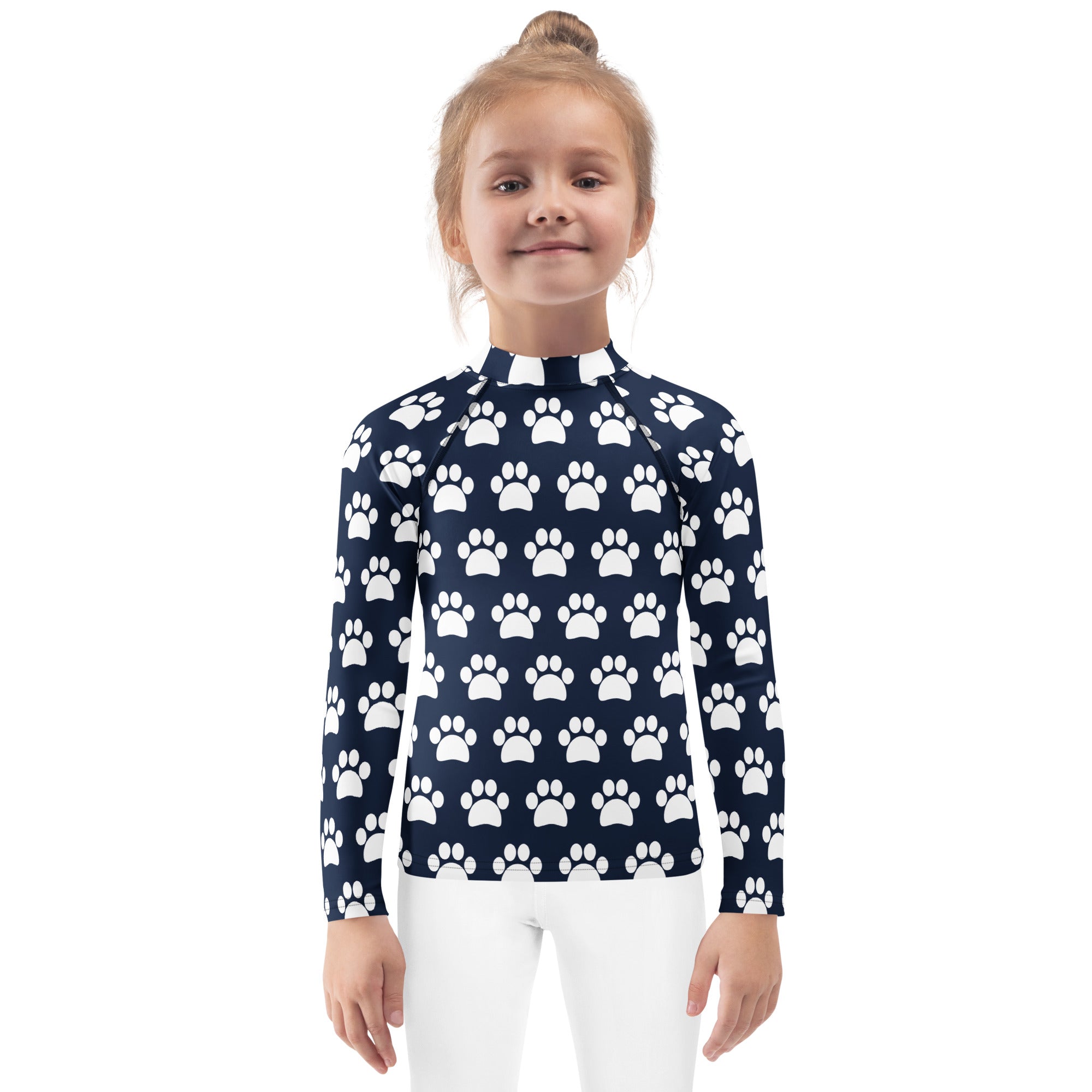 Kids Navy Blue Paw Print Long Sleeve Rash Guard Swim Shirt – Buttery Soft, Sun Safe UPF 50+ Protection, Quick Dry & 4-Way Stretch Comfort