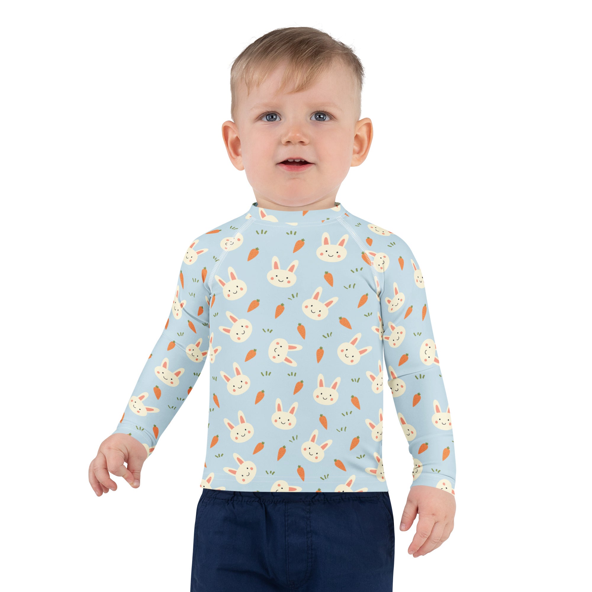 Kids Cute Bunny & Carrot Long Sleeve Rash Guard Swim Shirt – Buttery Soft, Sun Safe UPF 50+ Protection, Quick Dry & 4-Way Stretch Comfort