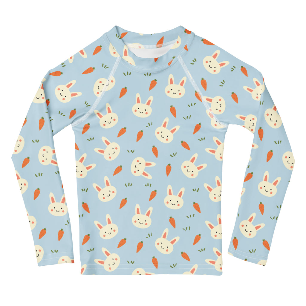 Kids Cute Bunny & Carrot Long Sleeve Rash Guard Swim Shirt – Buttery Soft, Sun Safe UPF 50+ Protection, Quick Dry & 4-Way Stretch Comfort