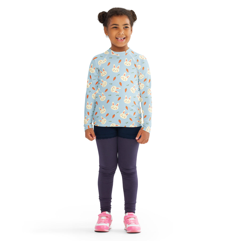 Kids Cute Bunny & Carrot Long Sleeve Rash Guard Swim Shirt – Buttery Soft, Sun Safe UPF 50+ Protection, Quick Dry & 4-Way Stretch Comfort