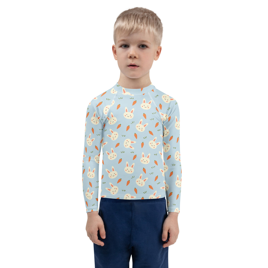 Kids Cute Bunny & Carrot Long Sleeve Rash Guard Swim Shirt – Buttery Soft, Sun Safe UPF 50+ Protection, Quick Dry & 4-Way Stretch Comfort
