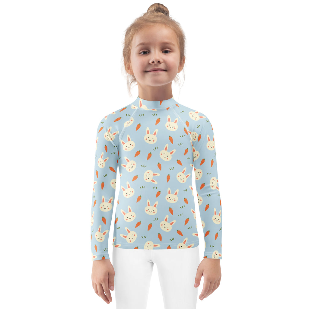 Kids Cute Bunny & Carrot Long Sleeve Rash Guard Swim Shirt – Buttery Soft, Sun Safe UPF 50+ Protection, Quick Dry & 4-Way Stretch Comfort