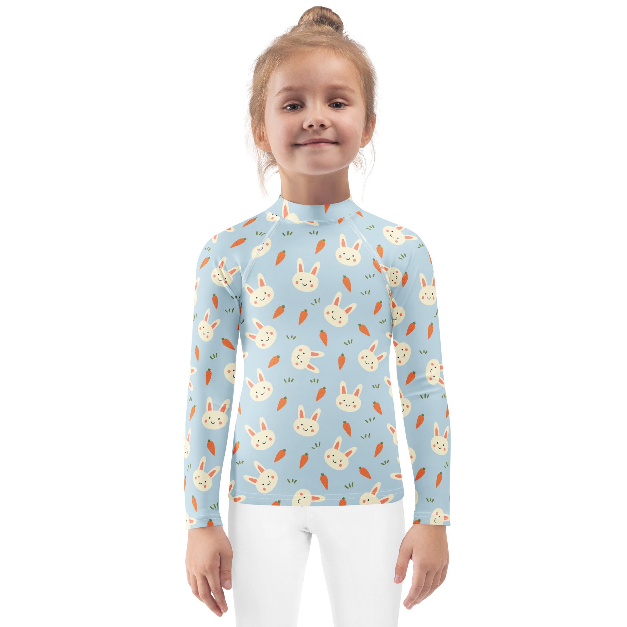 Kids Cute Bunny & Carrot Long Sleeve Rash Guard Swim Shirt – Buttery Soft, Sun Safe UPF 50+ Protection, Quick Dry & 4-Way Stretch Comfort