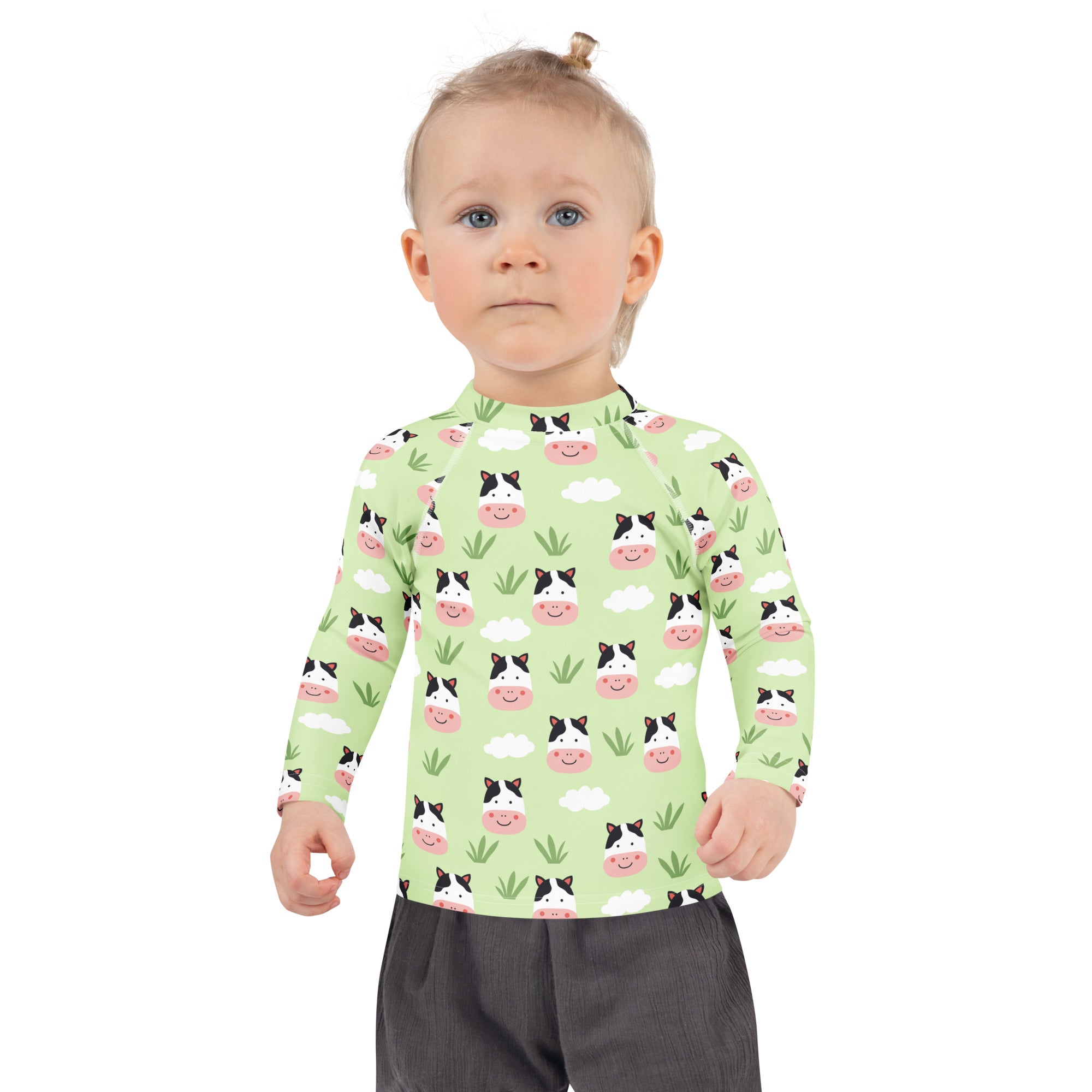 Kids Cute Farm Cow Long Sleeve Rash Guard Swim Shirt – Buttery Soft, Sun Safe UPF 50+ Protection, Quick Dry & 4-Way Stretch Comfort