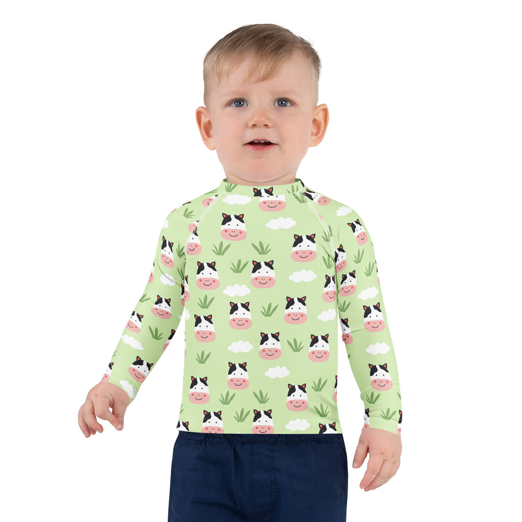 Kids Cute Farm Cow Long Sleeve Rash Guard Swim Shirt – Buttery Soft, Sun Safe UPF 50+ Protection, Quick Dry & 4-Way Stretch Comfort