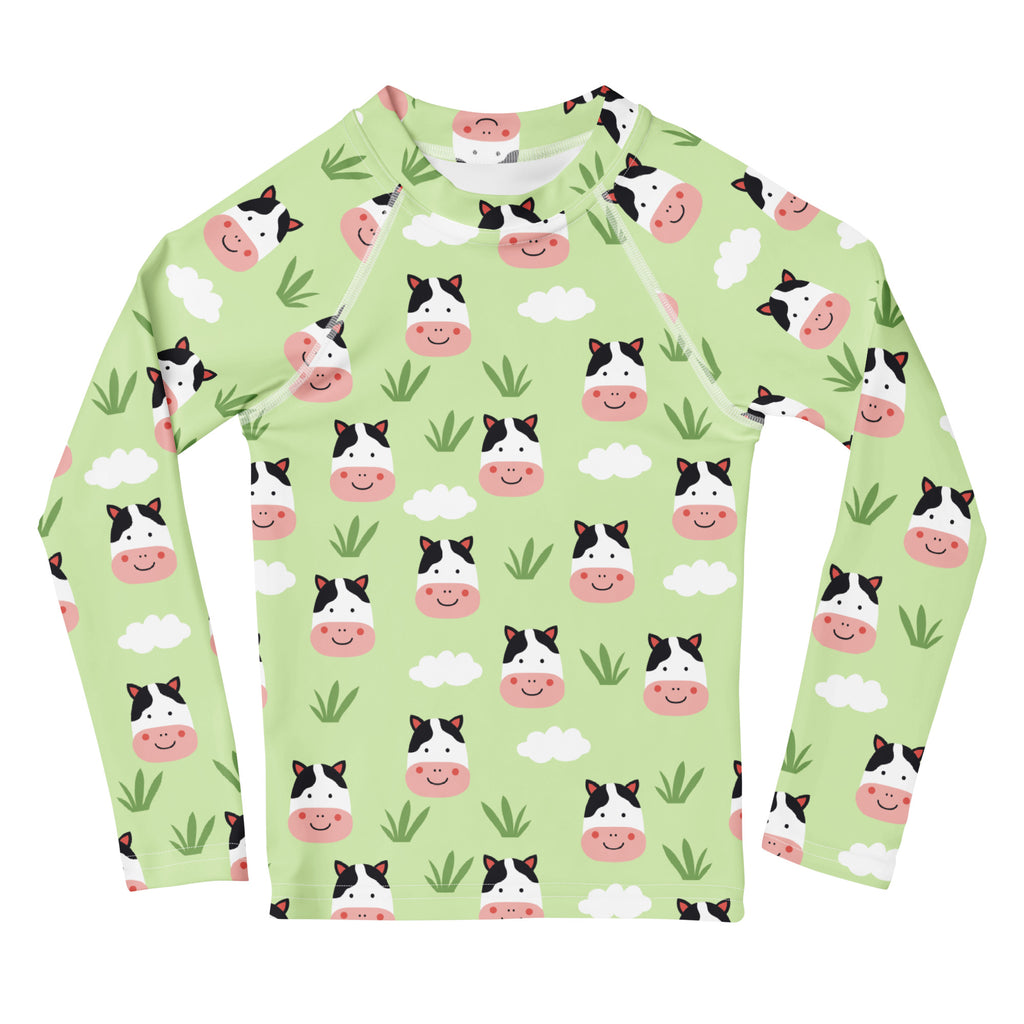 Kids Cute Farm Cow Long Sleeve Rash Guard Swim Shirt – Buttery Soft, Sun Safe UPF 50+ Protection, Quick Dry & 4-Way Stretch Comfort