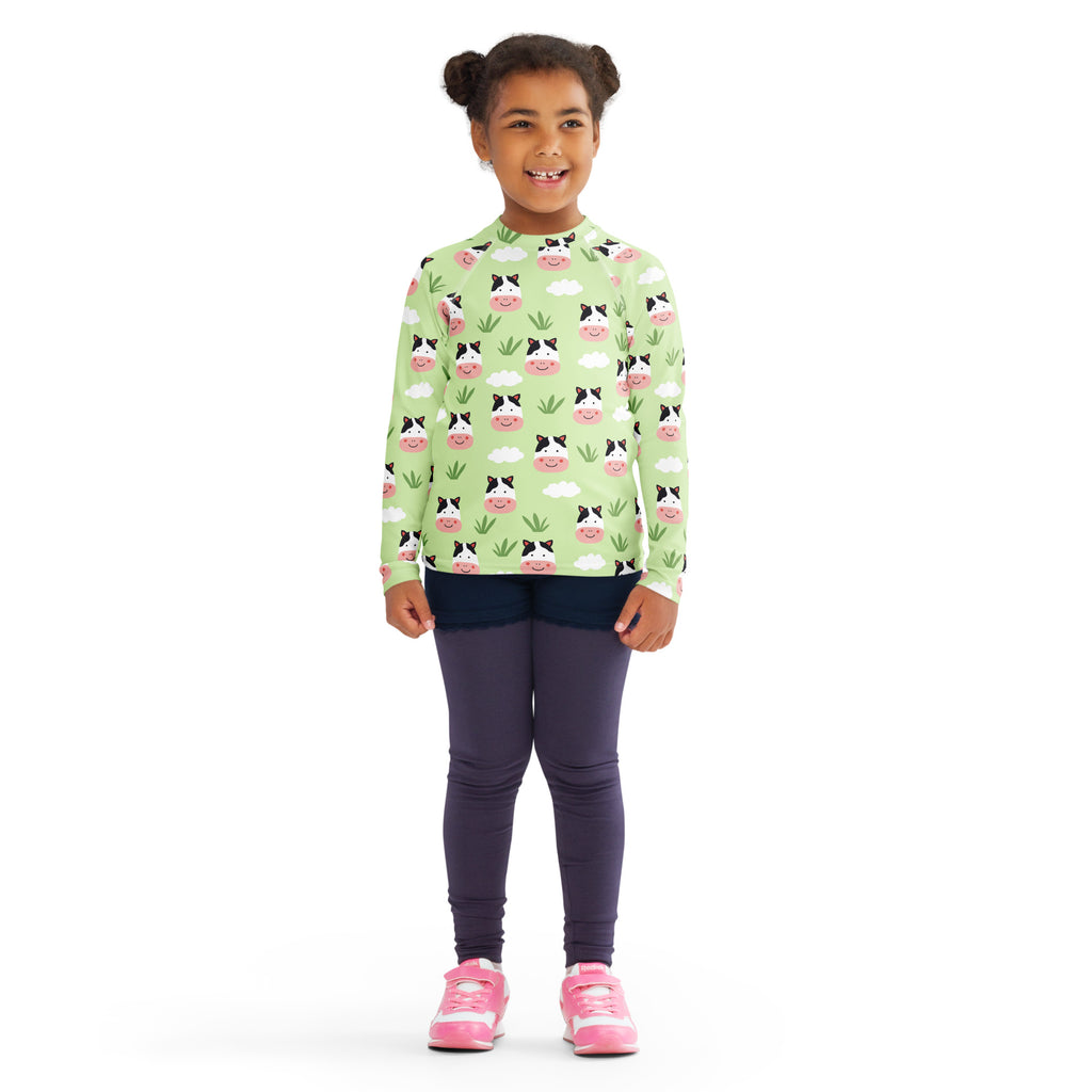 Kids Cute Farm Cow Long Sleeve Rash Guard Swim Shirt – Buttery Soft, Sun Safe UPF 50+ Protection, Quick Dry & 4-Way Stretch Comfort