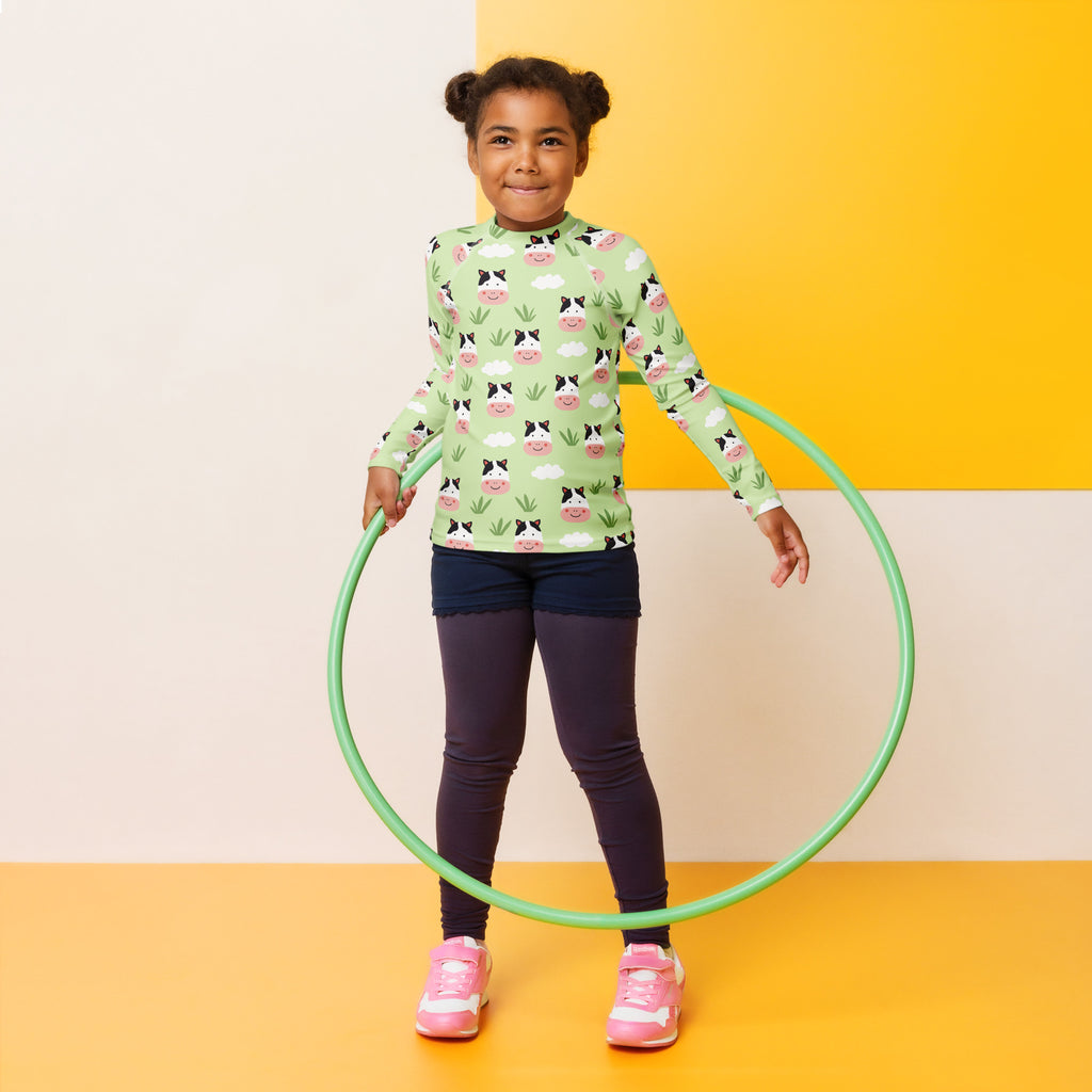 Kids Cute Farm Cow Long Sleeve Rash Guard Swim Shirt – Buttery Soft, Sun Safe UPF 50+ Protection, Quick Dry & 4-Way Stretch Comfort