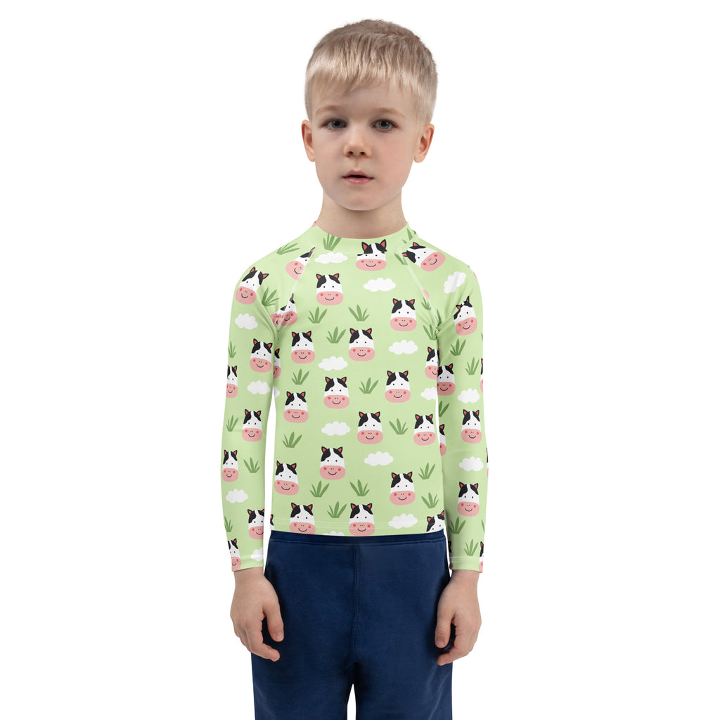 Kids Cute Farm Cow Long Sleeve Rash Guard Swim Shirt – Buttery Soft, Sun Safe UPF 50+ Protection, Quick Dry & 4-Way Stretch Comfort