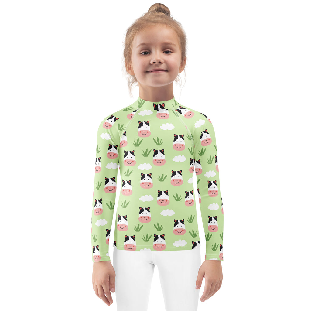 Kids Cute Farm Cow Long Sleeve Rash Guard Swim Shirt – Buttery Soft, Sun Safe UPF 50+ Protection, Quick Dry & 4-Way Stretch Comfort