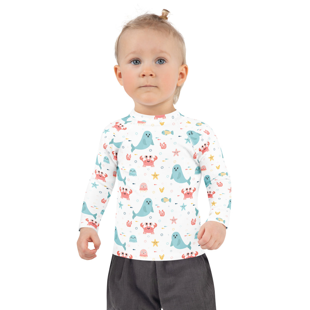 Kids Cute Ocean Animals Long Sleeve Rash Guard Swim Shirt – Buttery Soft, Sun Safe UPF 50+ Protection, Quick Dry & 4-Way Stretch Comfort