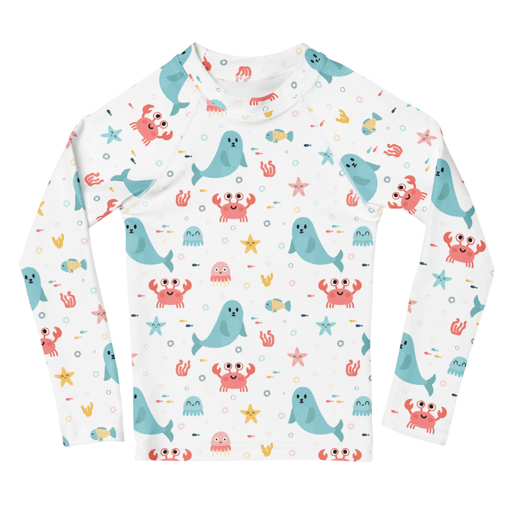 Kids Cute Ocean Animals Long Sleeve Rash Guard Swim Shirt – Buttery Soft, Sun Safe UPF 50+ Protection, Quick Dry & 4-Way Stretch Comfort