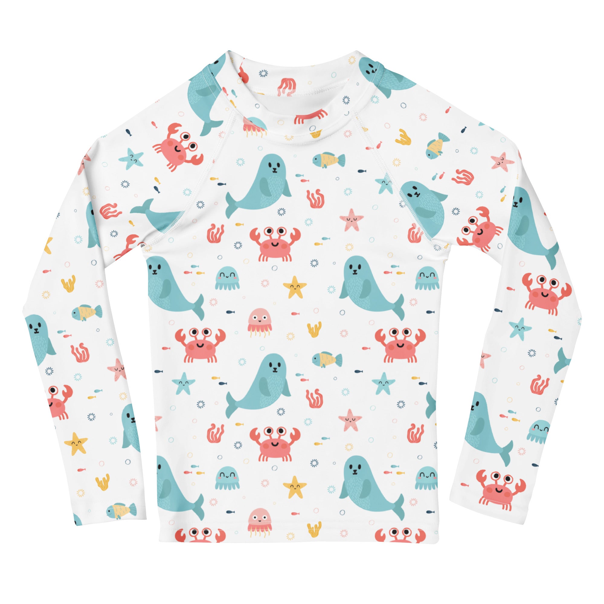 Kids Cute Ocean Animals Long Sleeve Rash Guard Swim Shirt – Buttery Soft, Sun Safe UPF 50+ Protection, Quick Dry & 4-Way Stretch Comfort