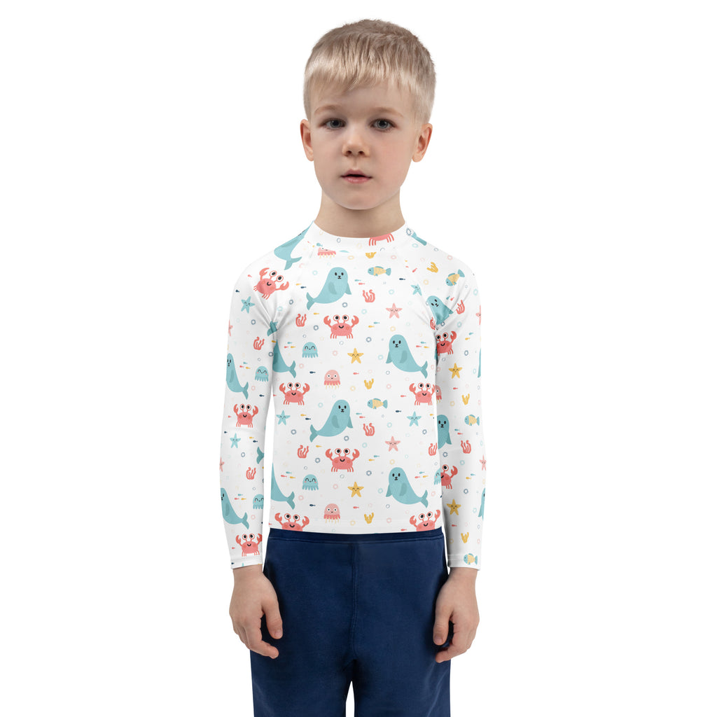 Kids Cute Ocean Animals Long Sleeve Rash Guard Swim Shirt – Buttery Soft, Sun Safe UPF 50+ Protection, Quick Dry & 4-Way Stretch Comfort