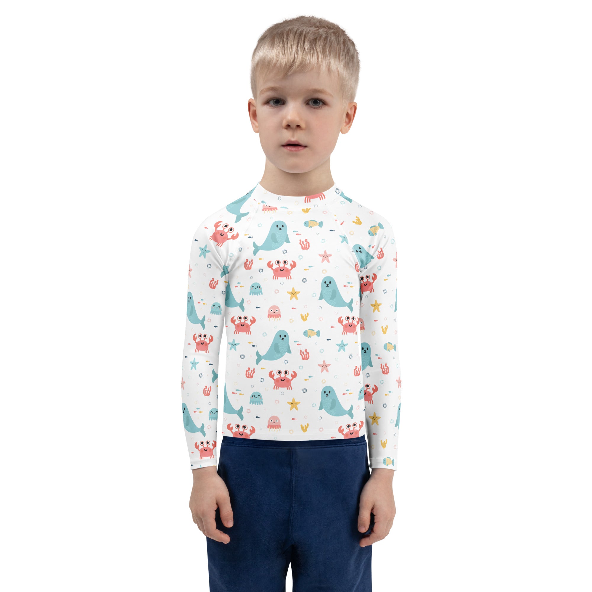 Kids Cute Ocean Animals Long Sleeve Rash Guard Swim Shirt – Buttery Soft, Sun Safe UPF 50+ Protection, Quick Dry & 4-Way Stretch Comfort