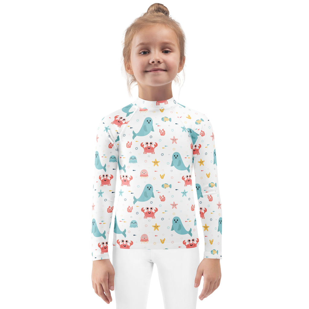 Kids Cute Ocean Animals Long Sleeve Rash Guard Swim Shirt – Buttery Soft, Sun Safe UPF 50+ Protection, Quick Dry & 4-Way Stretch Comfort