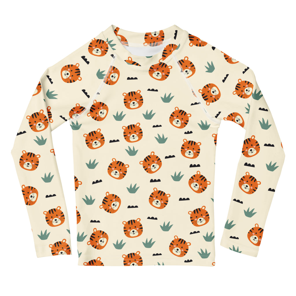 Kids Cute Tiger Long Sleeve Rash Guard Swim Shirt – Buttery Soft, Sun Safe UPF 50+ Protection, Quick Dry & 4-Way Stretch Comfort
