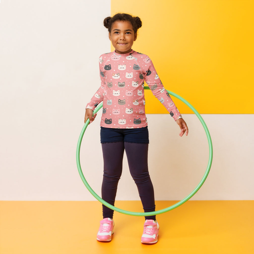 Girls Pink Cat Long Sleeve Rash Guard Swim Shirt – Buttery Soft, Sun Safe UPF 50+ Protection, Quick Dry & 4-Way Stretch Comfort