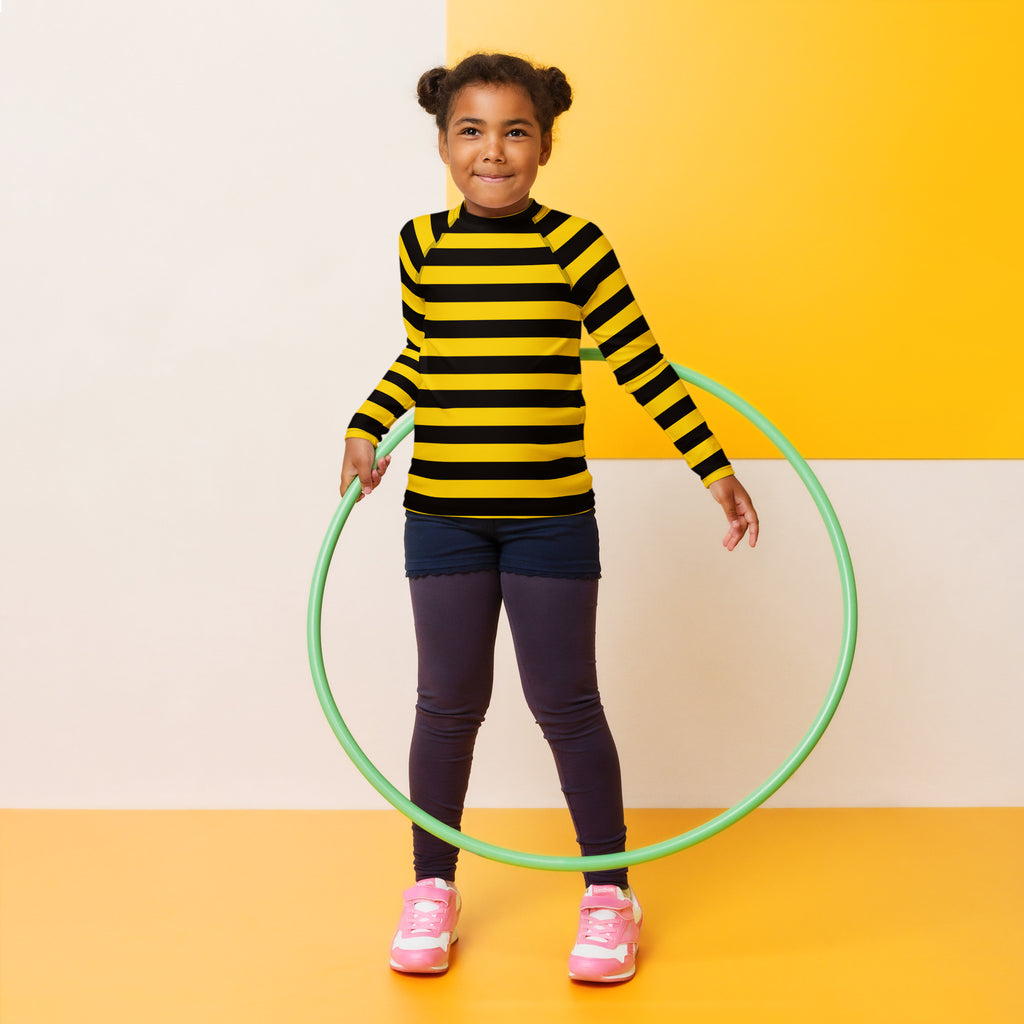 Kids Bee Stripe Long Sleeve Rash Guard Swim Shirt – Buttery Soft, Sun Safe UPF 50+ Protection, Quick Dry & 4-Way Stretch Comfort