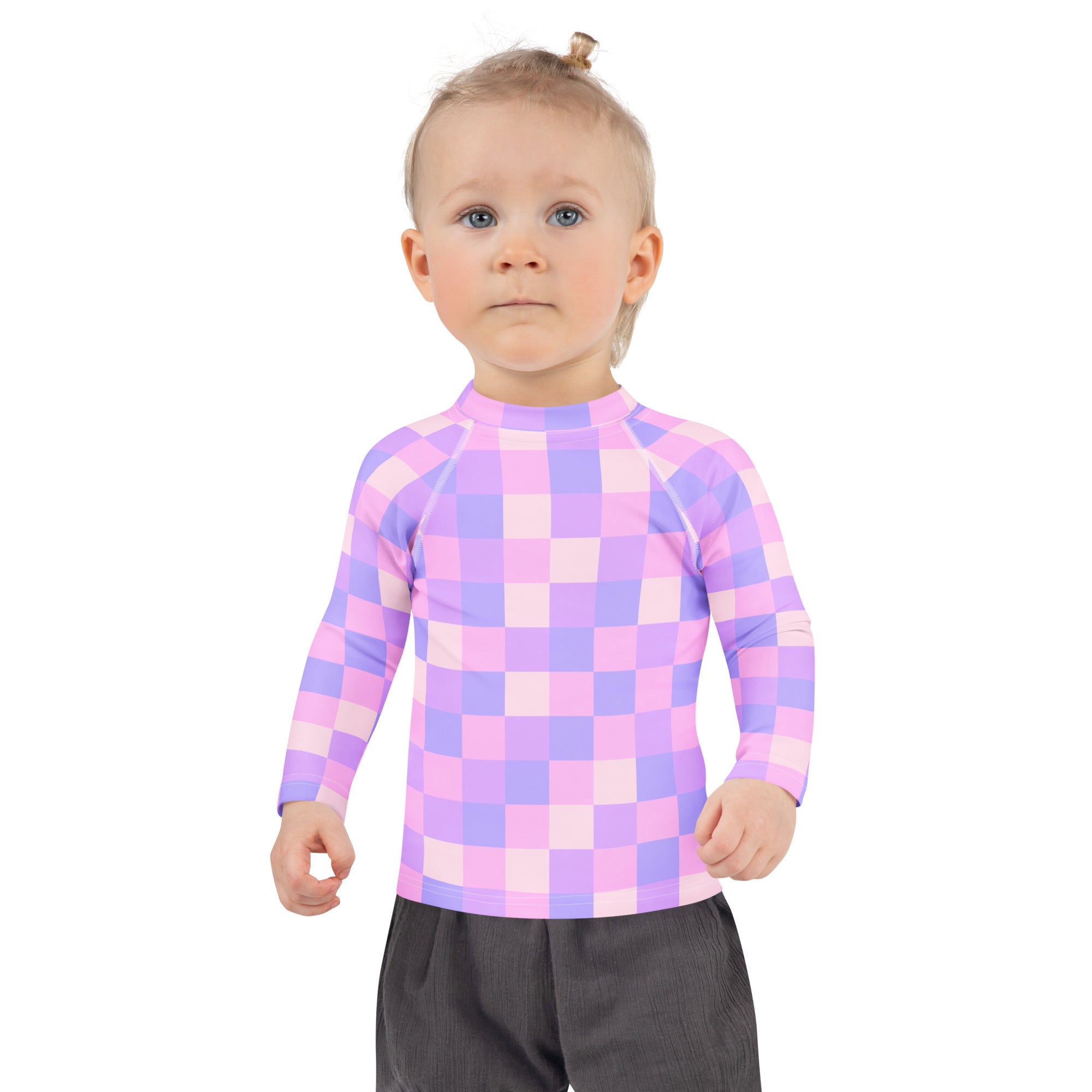 Girls Pink Purple Squares Long Sleeve Rash Guard Swim Shirt – Buttery Soft, Sun Safe UPF 50+ Protection, Quick Dry & 4-Way Stretch Comfort