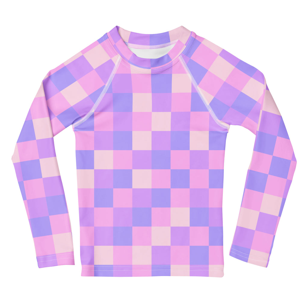 Girls Pink Purple Squares Long Sleeve Rash Guard Swim Shirt – Buttery Soft, Sun Safe UPF 50+ Protection, Quick Dry & 4-Way Stretch Comfort