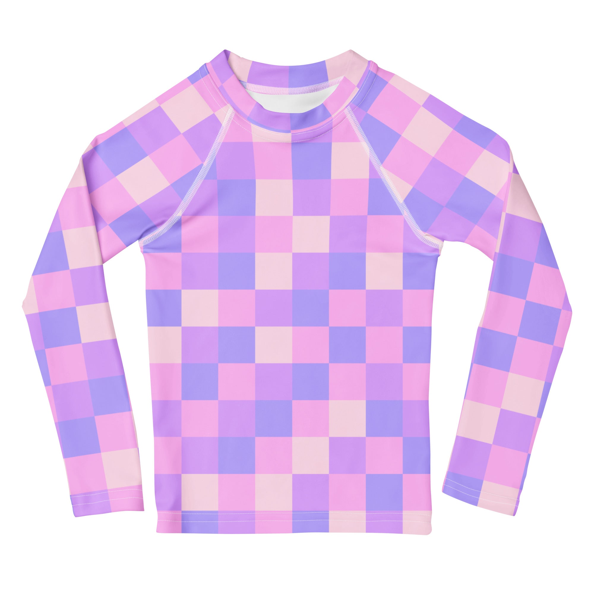 Girls Pink Purple Squares Long Sleeve Rash Guard Swim Shirt – Buttery Soft, Sun Safe UPF 50+ Protection, Quick Dry & 4-Way Stretch Comfort