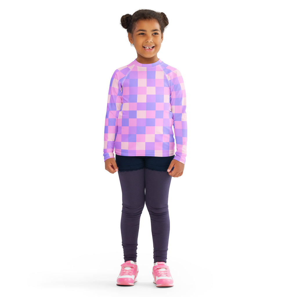 Girls Pink Purple Squares Long Sleeve Rash Guard Swim Shirt – Buttery Soft, Sun Safe UPF 50+ Protection, Quick Dry & 4-Way Stretch Comfort