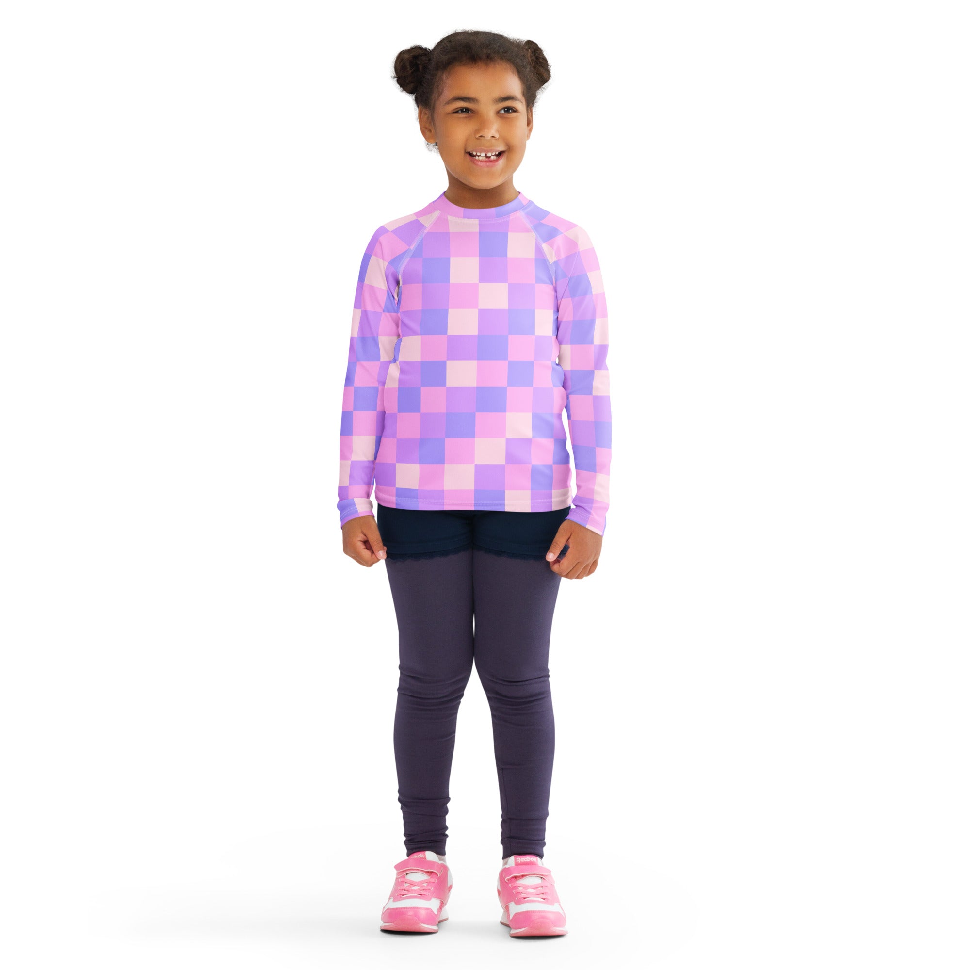Girls Pink Purple Squares Long Sleeve Rash Guard Swim Shirt – Buttery Soft, Sun Safe UPF 50+ Protection, Quick Dry & 4-Way Stretch Comfort