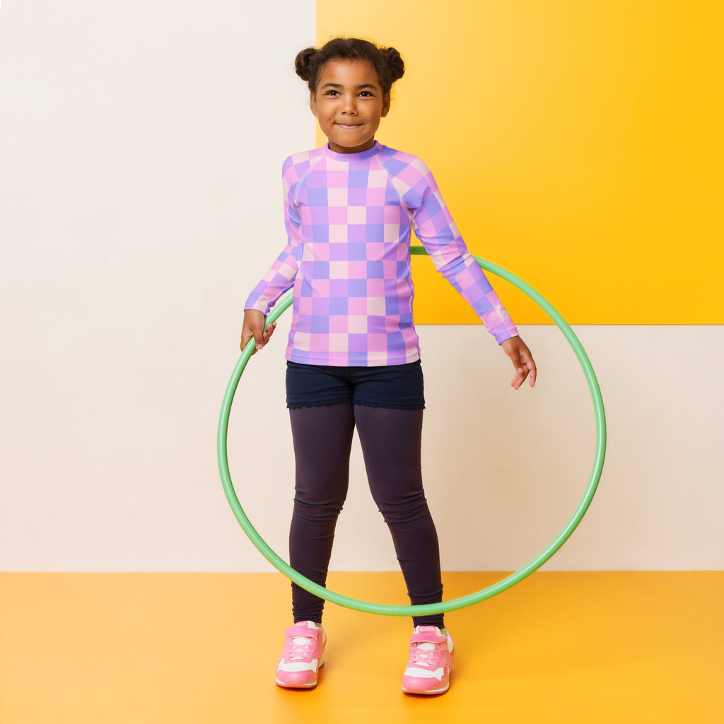 Girls Pink Purple Squares Long Sleeve Rash Guard Swim Shirt – Buttery Soft, Sun Safe UPF 50+ Protection, Quick Dry & 4-Way Stretch Comfort