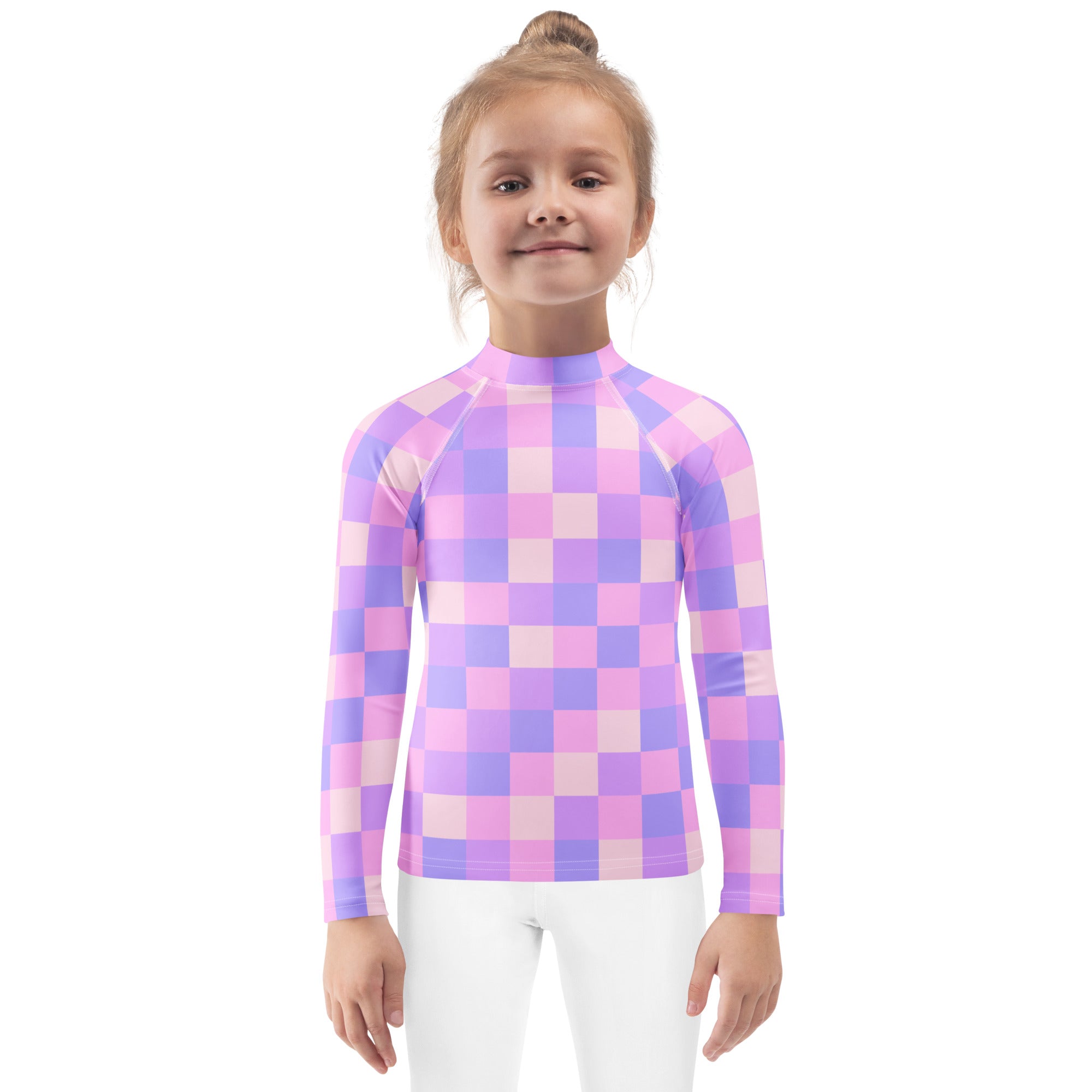 Girls Pink Purple Squares Long Sleeve Rash Guard Swim Shirt – Buttery Soft, Sun Safe UPF 50+ Protection, Quick Dry & 4-Way Stretch Comfort
