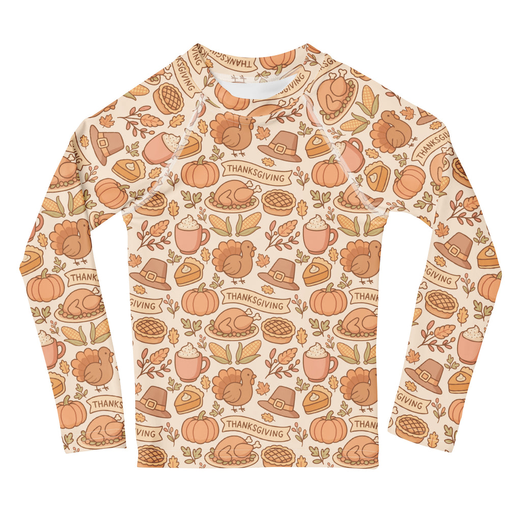 Kids Thanksgiving Turkey Long Sleeve Rash Guard Swim Shirt – Buttery Soft, Sun Safe UPF 50+ Protection, Quick Dry & 4-Way Stretch Comfort