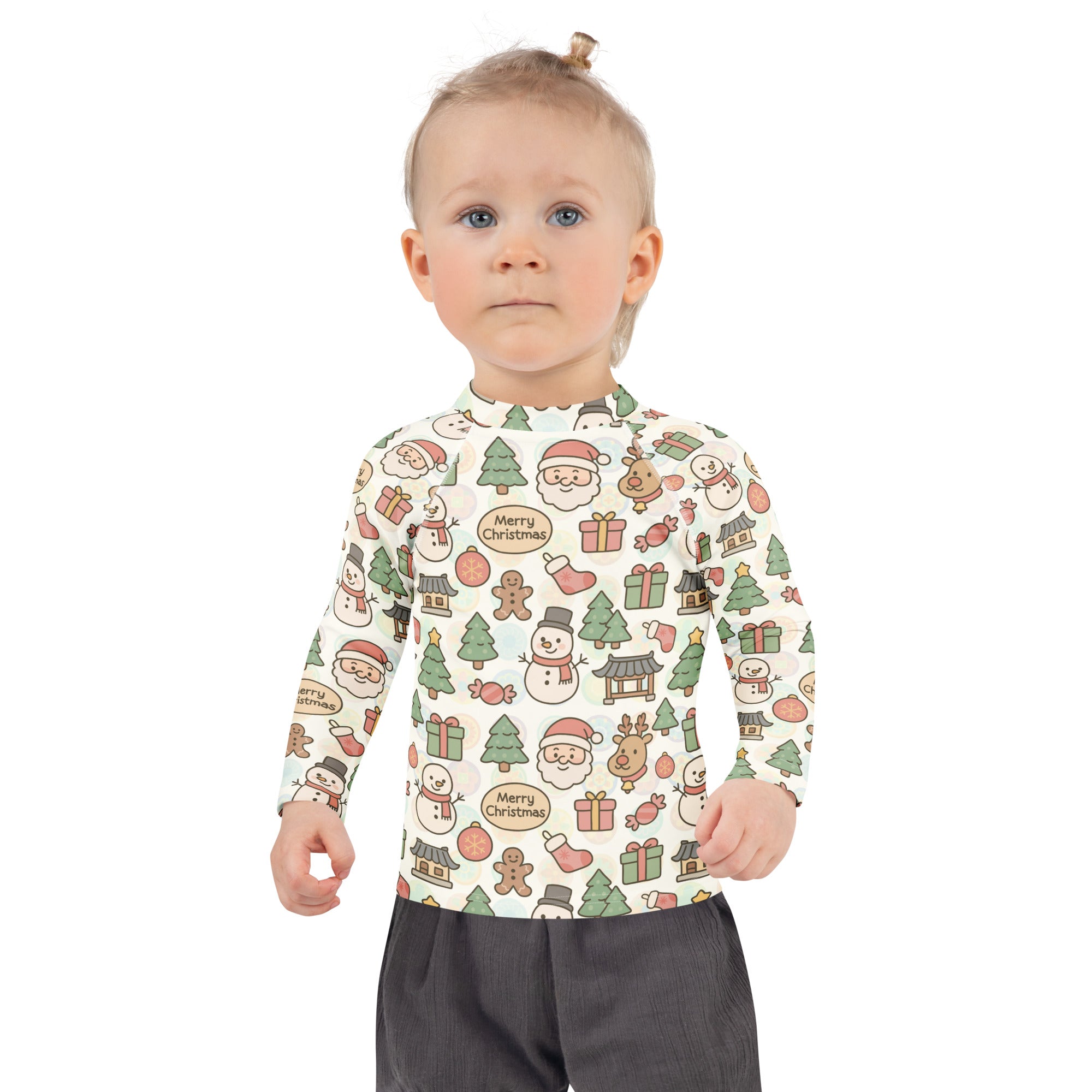 Kids Pastel Christmas Long Sleeve Rash Guard Swim Shirt – Buttery Soft, Sun Safe UPF 50+ Protection, Quick Dry & 4-Way Stretch Comfort