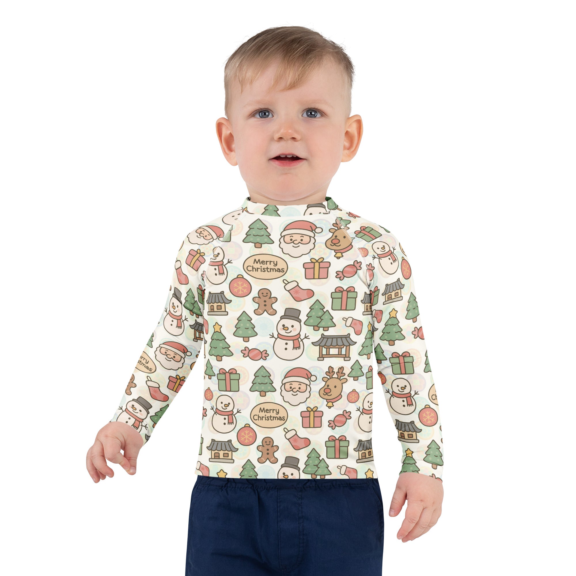 Kids Pastel Christmas Long Sleeve Rash Guard Swim Shirt – Buttery Soft, Sun Safe UPF 50+ Protection, Quick Dry & 4-Way Stretch Comfort