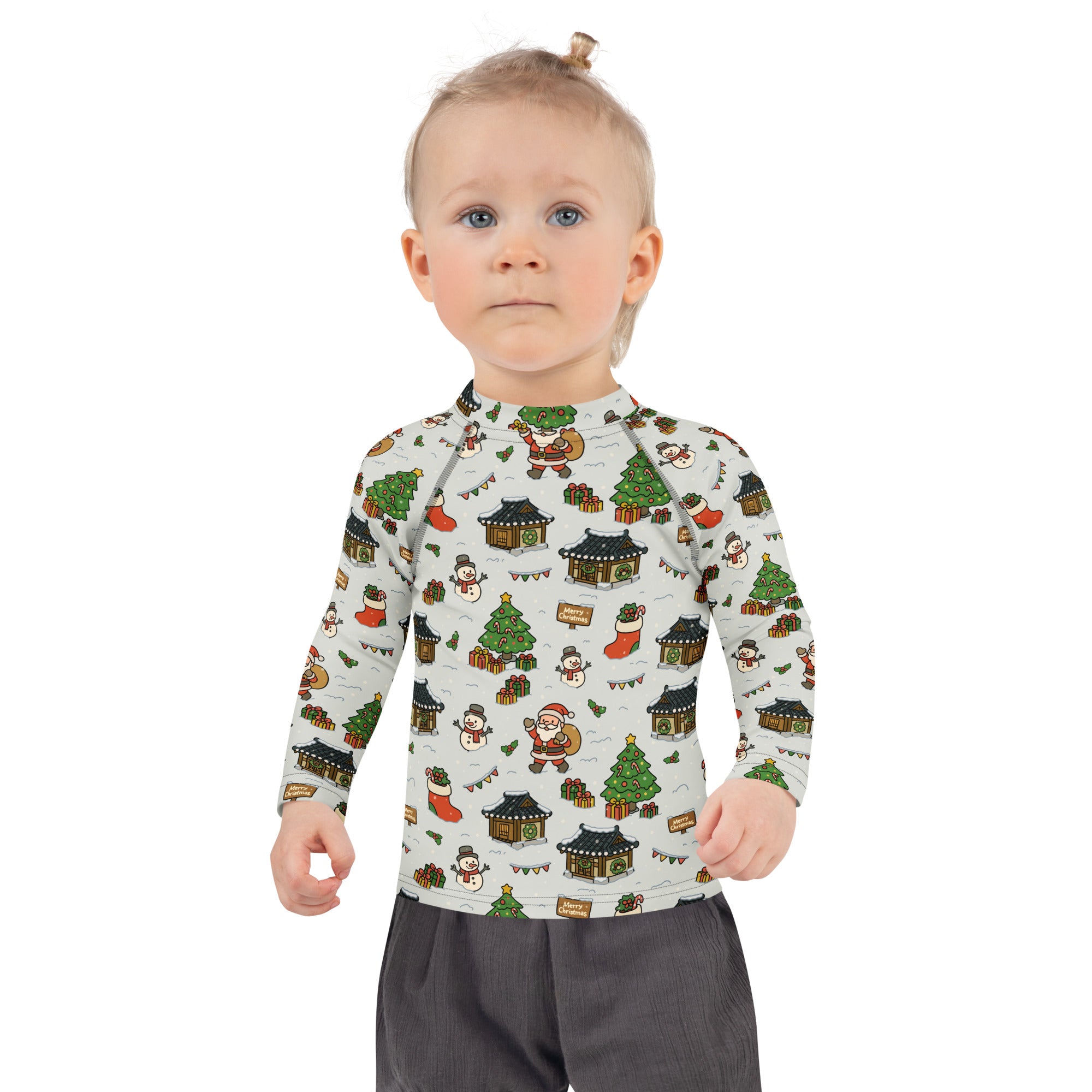 Kids Christmas Village Long Sleeve Rash Guard Swim Shirt – Buttery Soft, Sun Safe UPF 50+ Protection, Quick Dry & 4-Way Stretch Comfort